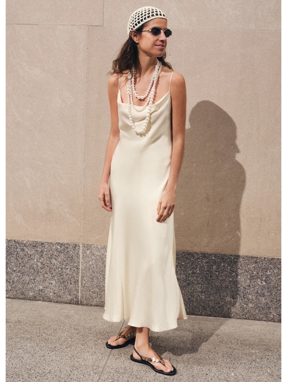 Zara Satin Slip Midi Dress in Cream
